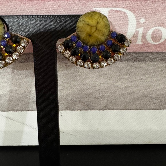 Handmade Gemstone Fan Earrings Green Stone Crystal Rhinestone Statement Studs - Picture 3 of 4